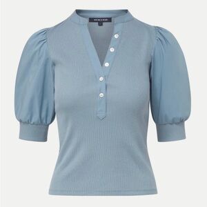 Veronica Beard Size XS • Coralee Puff Sleeve Button-Front Top Blue Ribbed Cotton